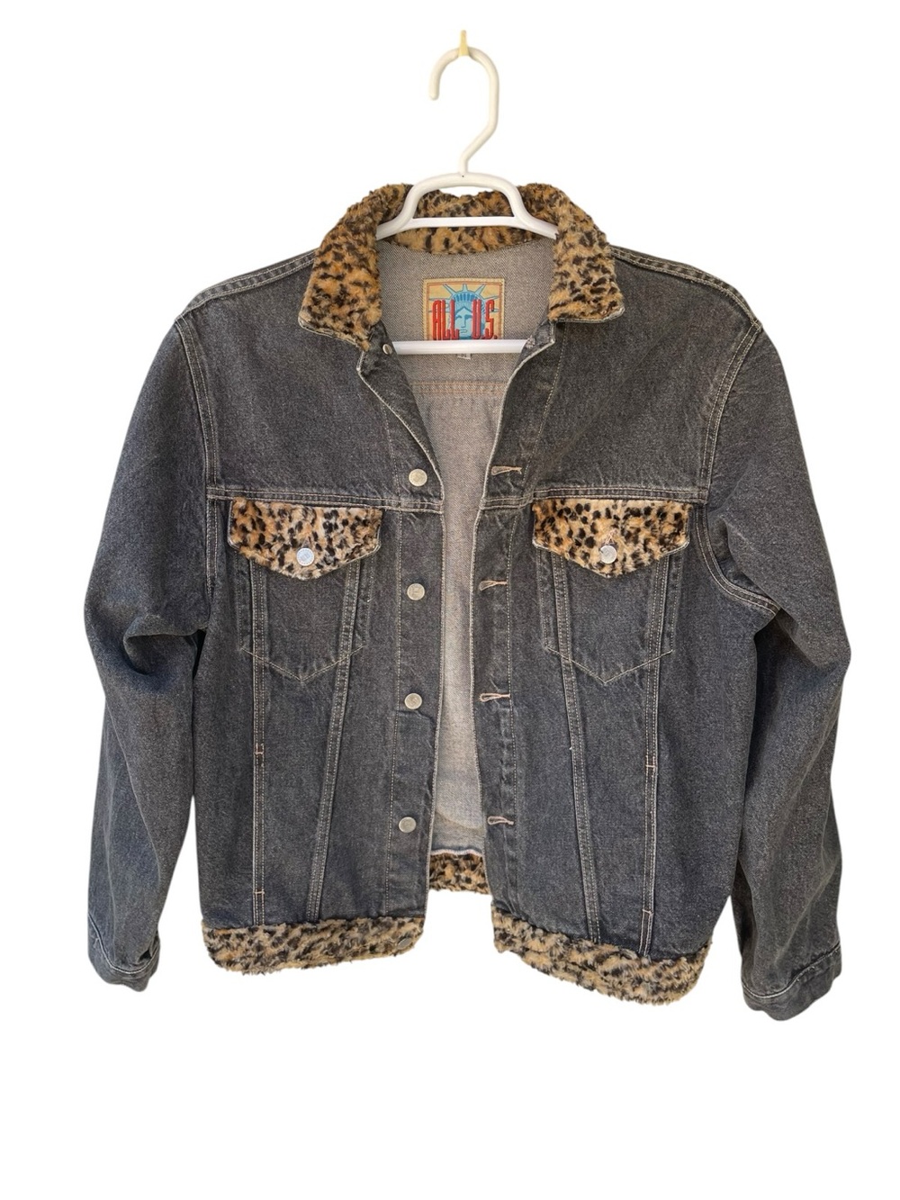 Vintage AL F.U.S. Leopard Print Trim Denim Jacket- Size M